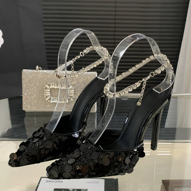 Sequined Women Pumps with Crystal Ankle Buckle Strap and Thin High Heels