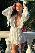 V Neck Long Sleeve Lace-Up See-Through Mini Dress