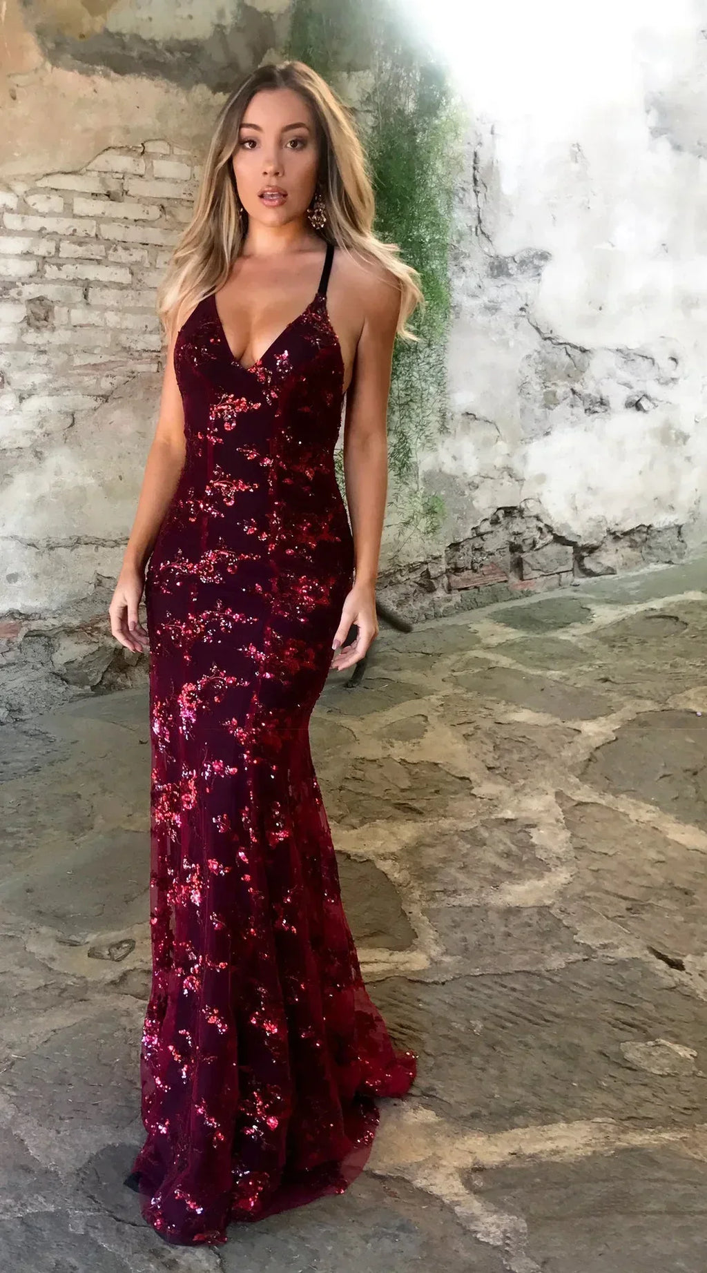 Floral Vine Sequin Plunging V-Neck Spaghetti Strap Bodycon Midi Dress