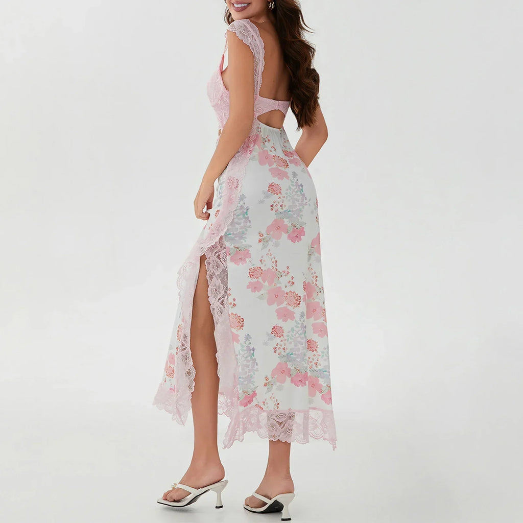 Lace Bralette Midriff Cut Out Floral Mesh Side Panel Slim Maxi Dress