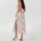 Lace Bralette Midriff Cut Out Floral Mesh Side Panel Slim Maxi Dress