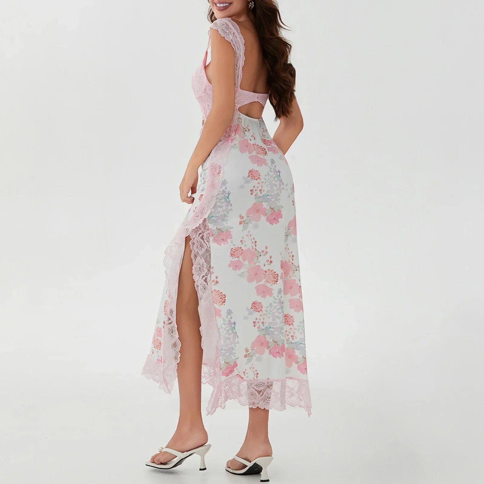 Lace Bralette Midriff Cut Out Floral Mesh Side Panel Slim Maxi Dress