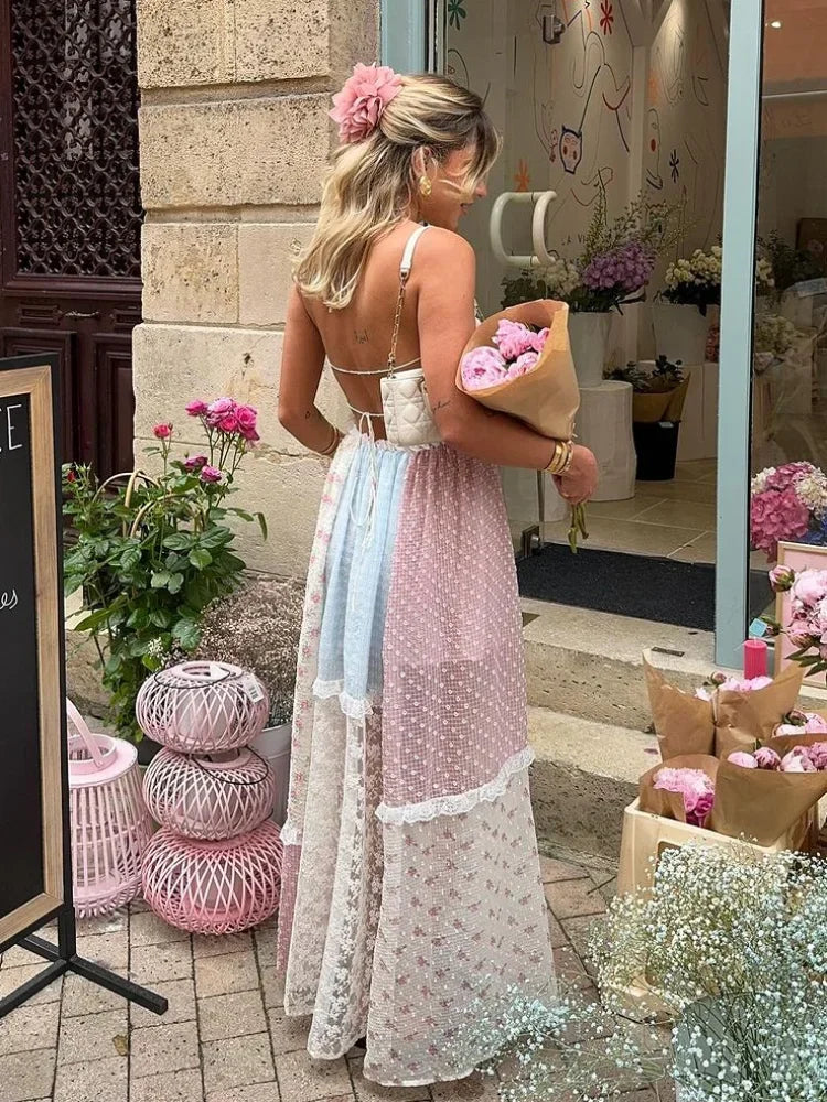 Elegant Print Lace Patchwork Spaghetti Strap Dress Women Halter Backless Sleeveless Dresses Summer Lady Sweet High Street Robe