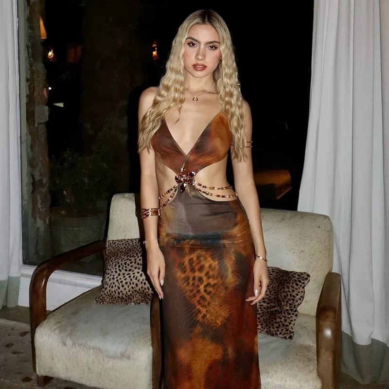 Print Deep V-Neck Metal Ring Waist Cut Out Bodycon Maxi Dress