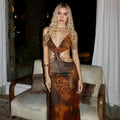 Print Deep V-Neck Metal Ring Waist Cut Out Bodycon Maxi Dress
