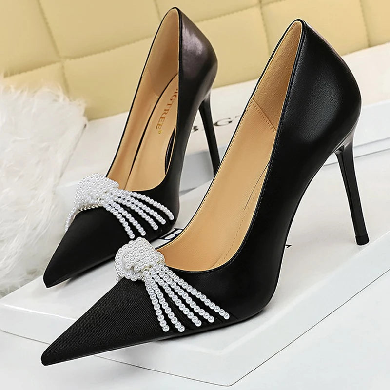 Luxurious Pearl Bowknot High Heels for Fashion Parties