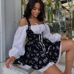 New Puff Sleeve Patchwork Print Dresses Sexy Spaghetti Strap Lace Up Short Bubble Dresses Women Summer Party Vacation Dress