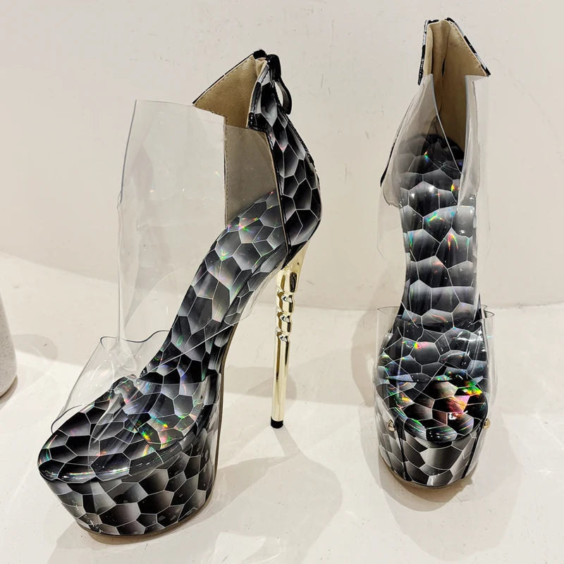 PVC Transparent Peep Toe Platform Sandals with Stiletto Heels for Women
