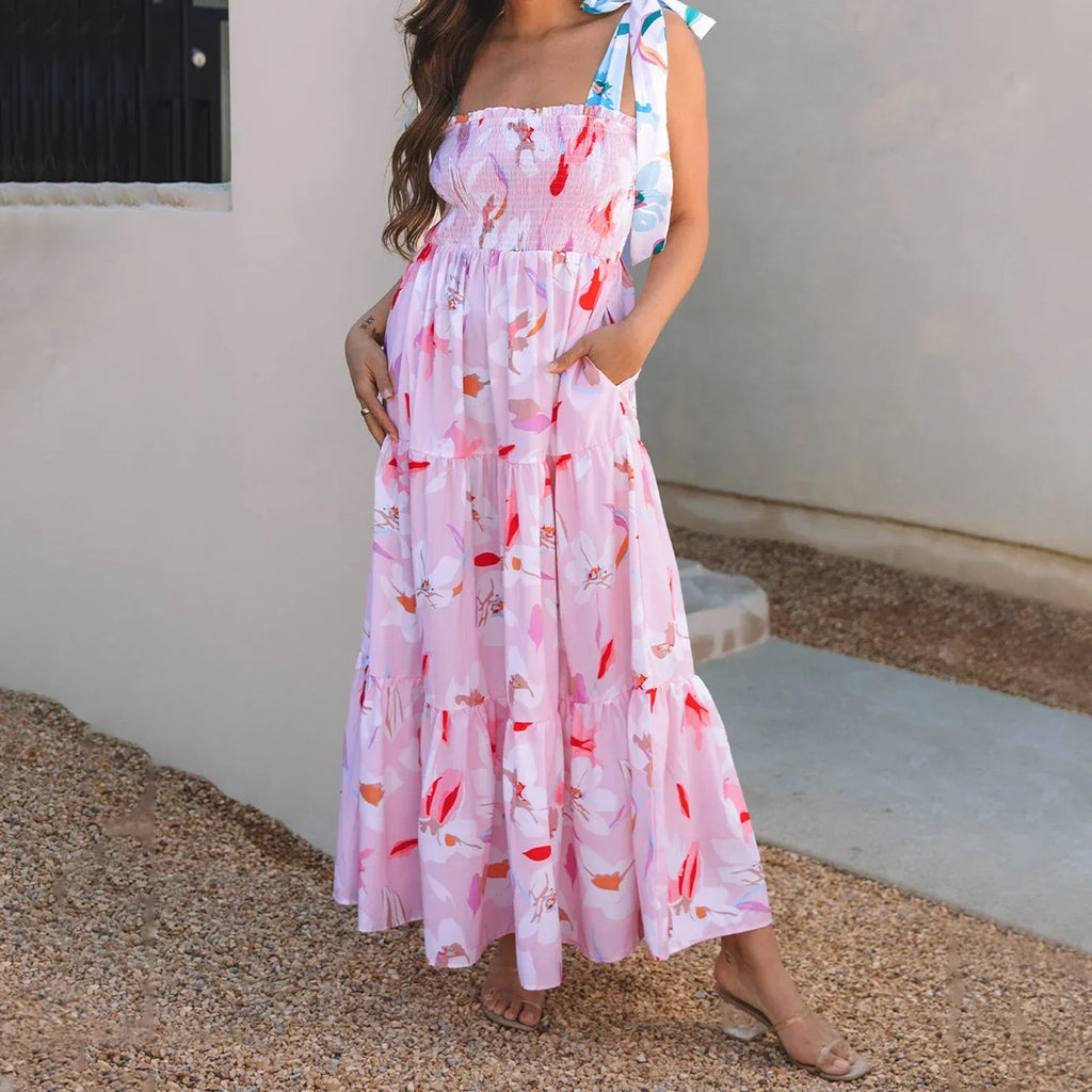 Smocked Square Neck Tie Strap Tiered Floral Maxi Dress