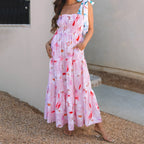 Smocked Square Neck Tie Strap Tiered Floral Maxi Dress