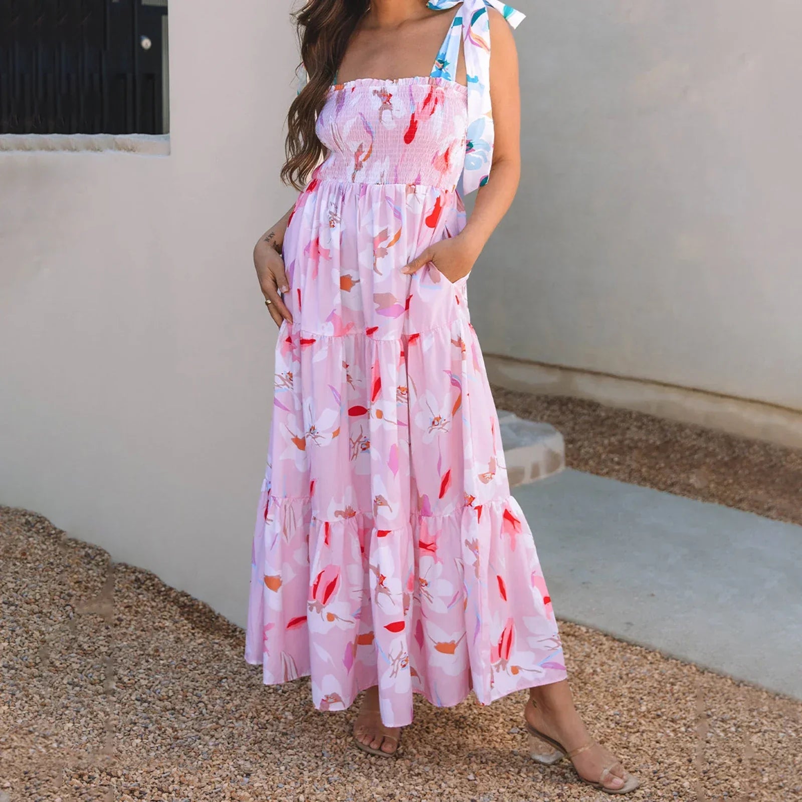 Smocked Square Neck Tie Strap Tiered Floral Maxi Dress