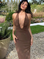 Halter Neck Deep Plunge Ruched Side Bodycon Maxi Dress
