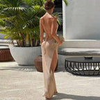 Glitter Knit Halter Backless High Slit Column Maxi Dress