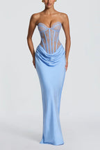 Kathleen Floral Lace Contrast Structural Detail Back Lace-up Satin Hem Strapless Maxi Dress