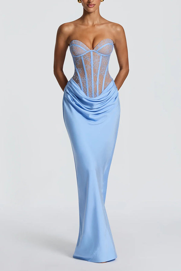 Kathleen Floral Lace Contrast Structural Detail Back Lace-up Satin Hem Strapless Maxi Dress