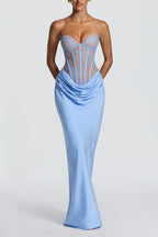 Kathleen Floral Lace Contrast Structural Detail Back Lace-up Satin Hem Strapless Maxi Dress