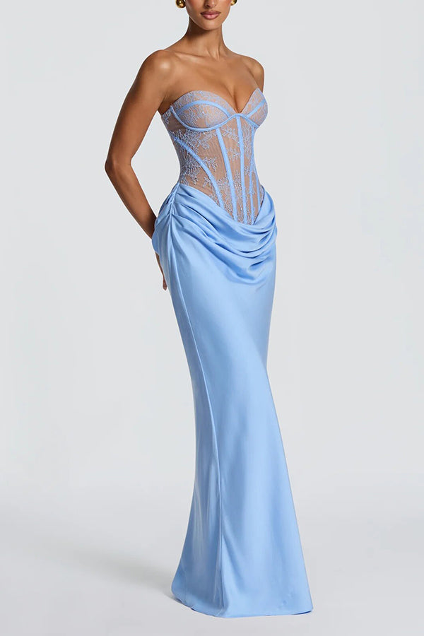 Kathleen Floral Lace Contrast Structural Detail Back Lace-up Satin Hem Strapless Maxi Dress