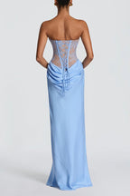 Kathleen Floral Lace Contrast Structural Detail Back Lace-up Satin Hem Strapless Maxi Dress
