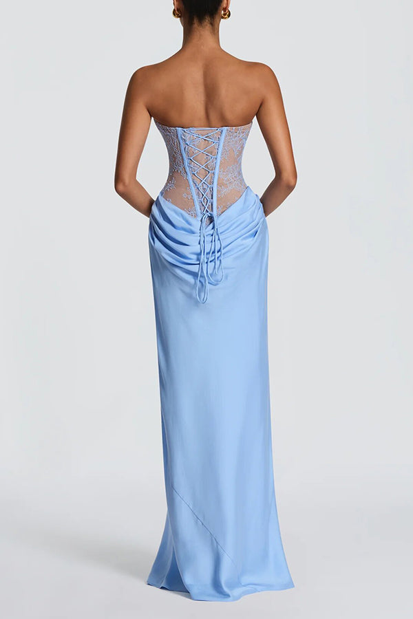 Kathleen Floral Lace Contrast Structural Detail Back Lace-up Satin Hem Strapless Maxi Dress