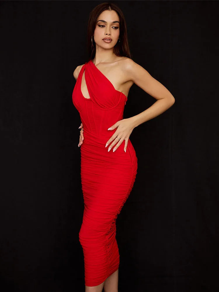 One Shoulder Corset Bodice Ruched Bodycon Midi Dress