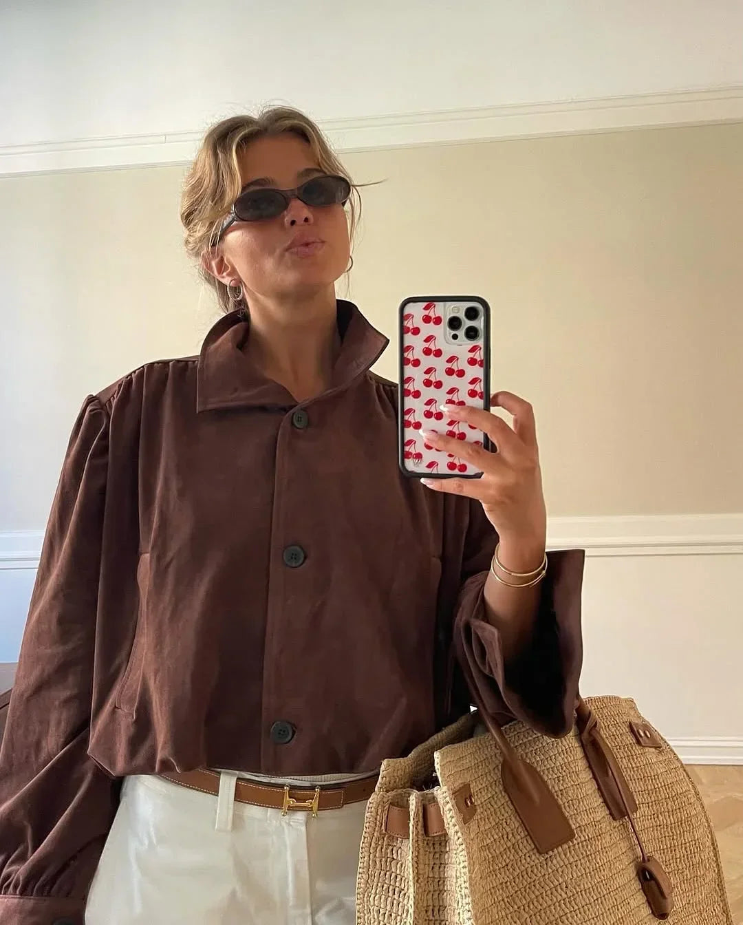 Retro Brown Suede Short Jacket Elegant Women Stand Collar Full Sleeves Single Breasteds Loose Coats Autumn Chic Lady Street Wear
