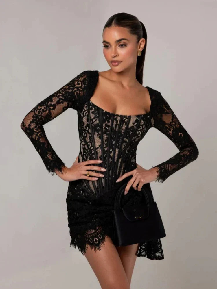 Square Neck Lace Corset Long Sleeve Ruched Scalloped Hem Mini Dress