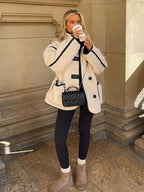 Plush Stand Collar Jackets Coat Women Vintage Lambwool White Single-Breasted Pockets Jacket Female Autumn High Street Outwear