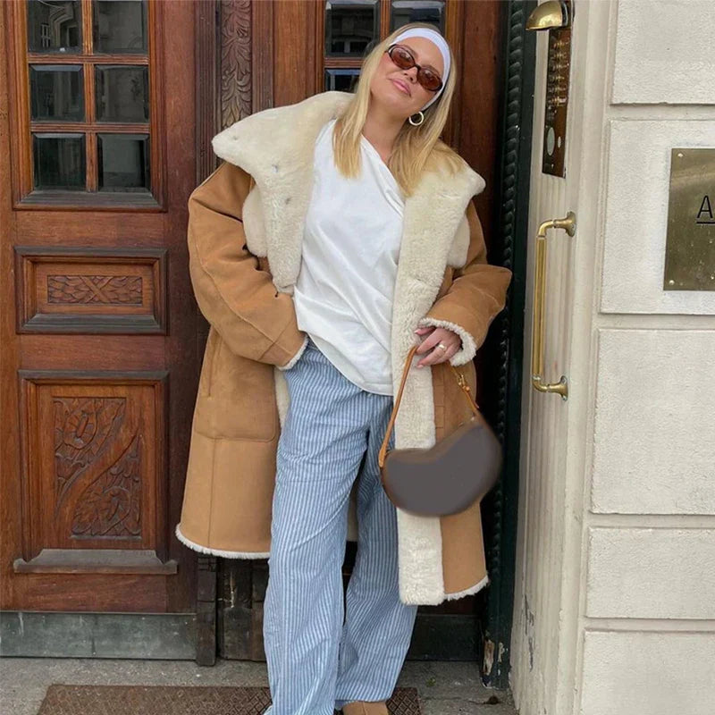 Vintage Furry Faux Fur Women Patchwork Coats Winter Long Sleeve Lapel Female Loose Jacket Casual Pockets Thick Warm Lady Outwear