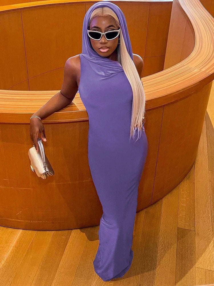 Hooded Cowl Neck Sleeveless Bodycon Maxi Dress