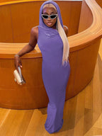 Hooded Cowl Neck Sleeveless Bodycon Maxi Dress