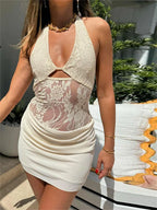 Floral Lace Sheer Halter Cut Out Ruched Mini Dress
