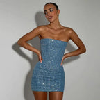 Blue Sequined Denim Strapless Mini Two Piece Skirt Set