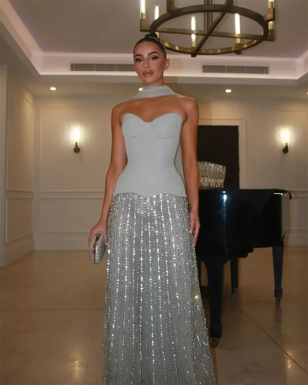 Strapless Corset Sweetheart Sequin Stripe Column Maxi Gown