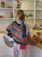 Casual Knitted Colorful Stripes Sweater Women Fashion O Neck Puff Long Sleeves Short Pullover Autumn Lady High Street Jumper