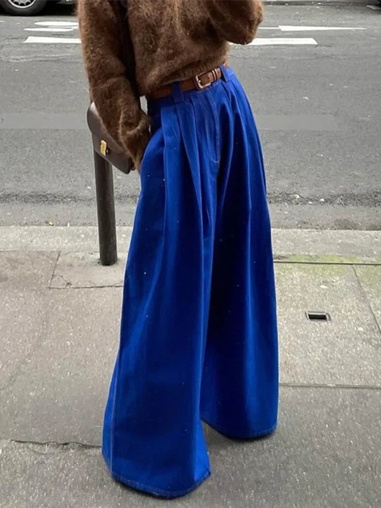 Wide Leg Fashion Pleated Pants For Women Loose High Waist Straight Striped Blue Street Pants Female 2025 Spring Street Trousers