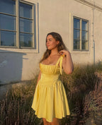 2025 Pleated Design Tie-up Sleeveless Summer Dresses Women Solid Color Slim Fit Mini Dress Simple Fashion Party Dress