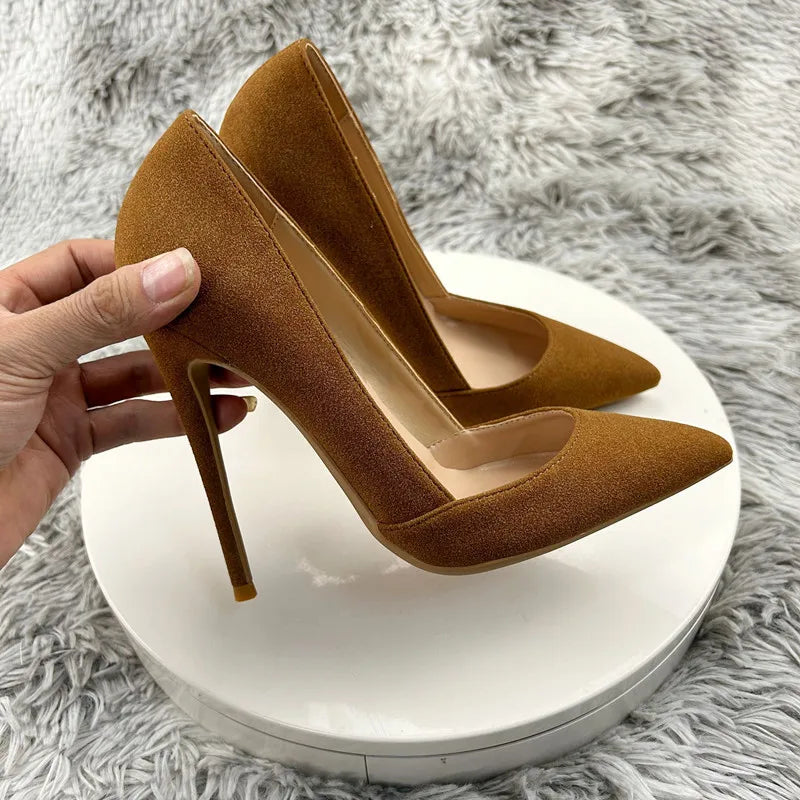Brown Flock Pointy Toe High Heel Shoes for Sexy Women with Curl Cut