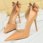 Patent Leather High Heels with Rear Rhinestone Bowknot for Women