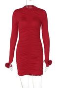 Pleated Long Sleeve O Neck Mini Dress