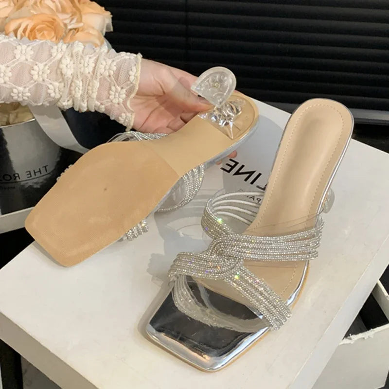PVC Transparent Open Toe Crystal Slippers Women Low Heels for Summer Banquets