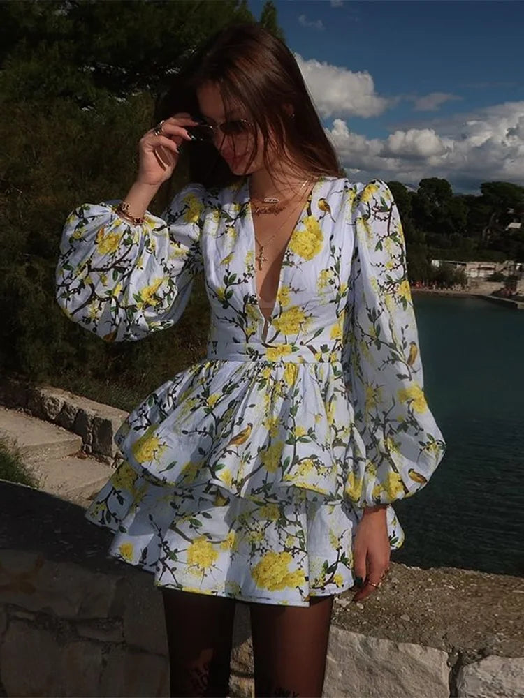 Floral Print Deep V-Neck Puff Sleeve Tiered Ruffle Mini Dress