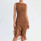 Round Neck Sleeveless Ruched Mesh Ruffle Trim Thigh Slit Midi Dress