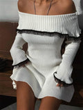 Rib Knit Off-Shoulder Lace Trim Bell Sleeve Bodycon Mini Dress