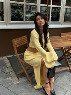 Women Knitted Lace Up 2pcs Set With Skirt Long Sleeve Waist Exposed Cardigan Sexy Slit Long Skirts Autumn New Matching Sets