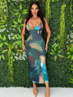 Marble Print Spaghetti Strap Deep V-Neck Bodycon Midi Dress