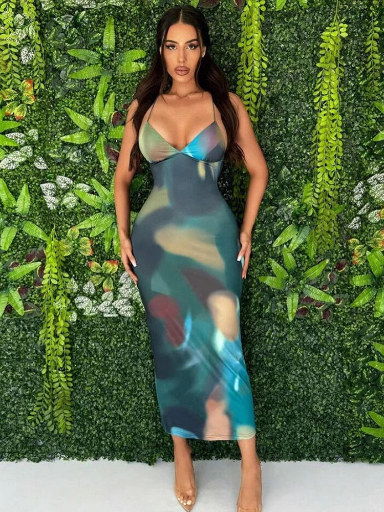 Marble Print Spaghetti Strap Deep V-Neck Bodycon Midi Dress