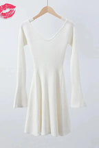 Off-Shoulder V-Neck Mini Dress with High Waist and Long Sleeves