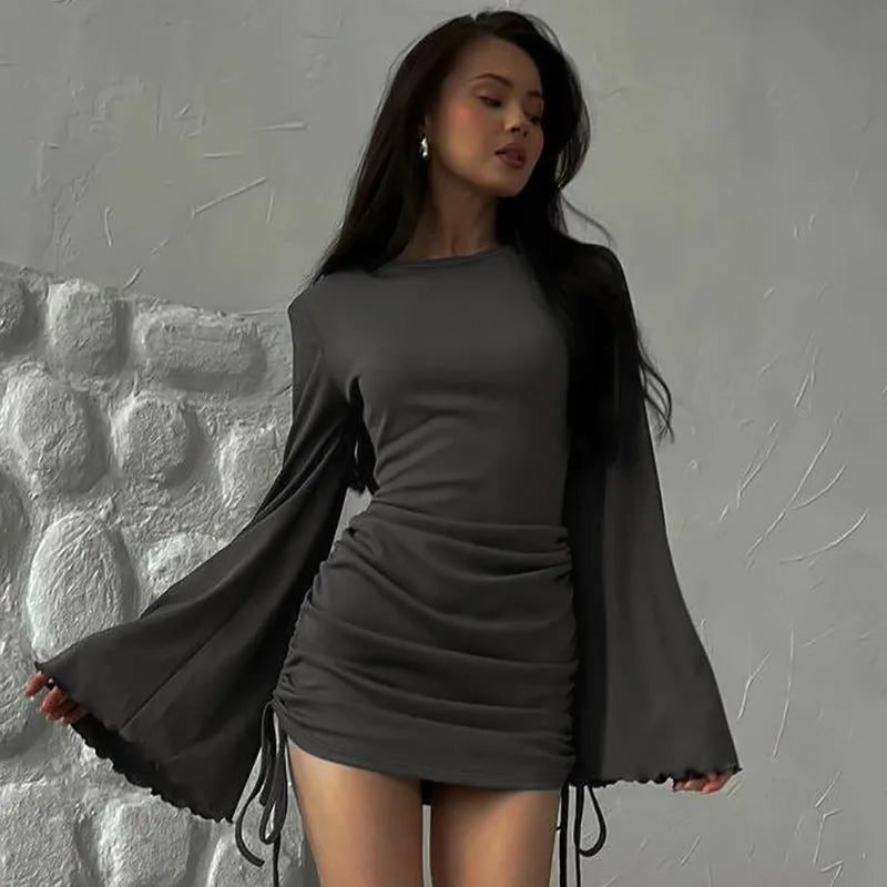 Crew Neck Flare Sleeve Side Drawstring Ruched Ribbed Knit Mini Dress