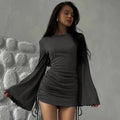 Crew Neck Flare Sleeve Side Drawstring Ruched Ribbed Knit Mini Dress