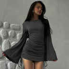 Crew Neck Flare Sleeve Side Drawstring Ruched Ribbed Knit Mini Dress